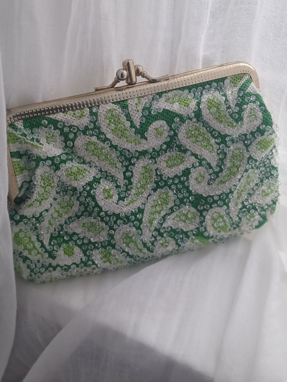 Vintage Green Paisley Beaded Clutch